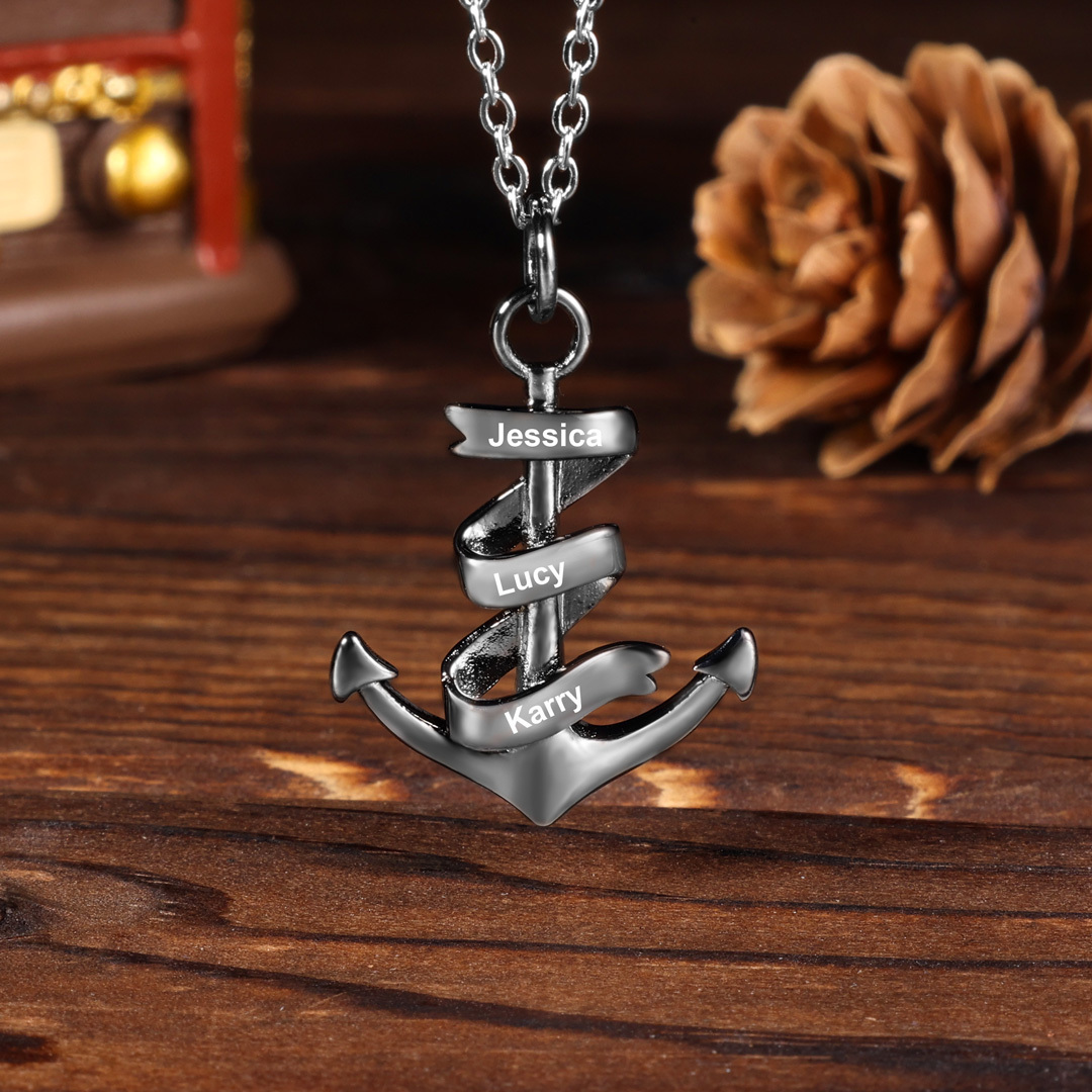 Personalised Pirate Ship Anchor Necklace Engrave 2 Names Necklace For Dad-Jessemade AU
