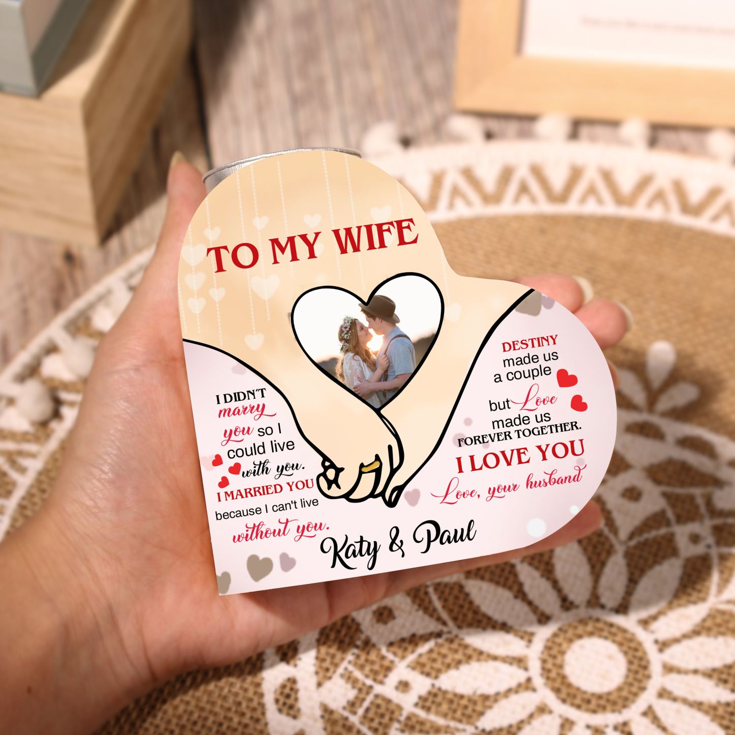 Personalised Love Couple Heart Candle Holder Engrave Photo Wooden Candlesticks Valentines Gift-Jessemade AU