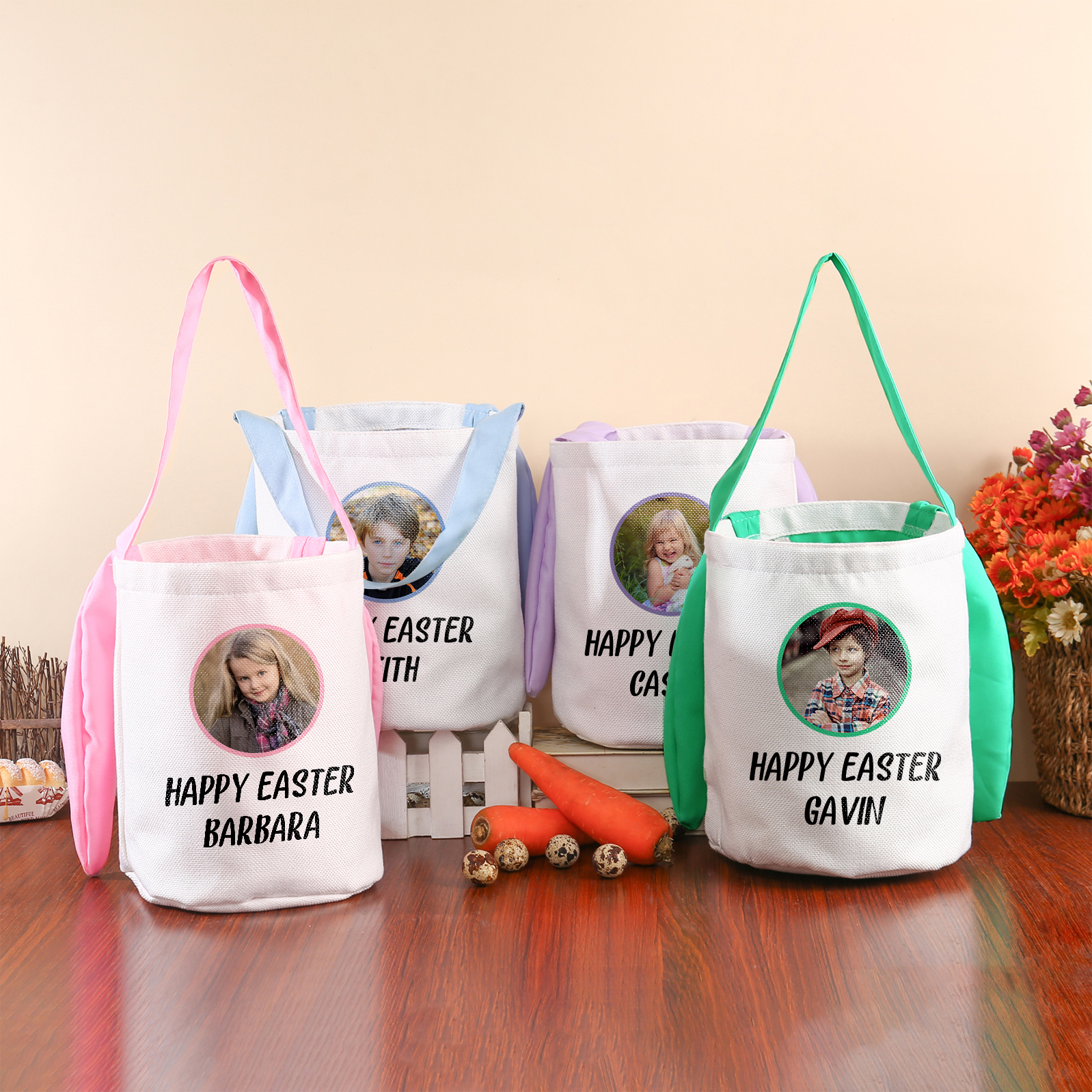 Personalised Photo Bunny Tote Bag Custom Name & Text Bucket Bag Bunny Basket Easter Gifts-Jessemade AU