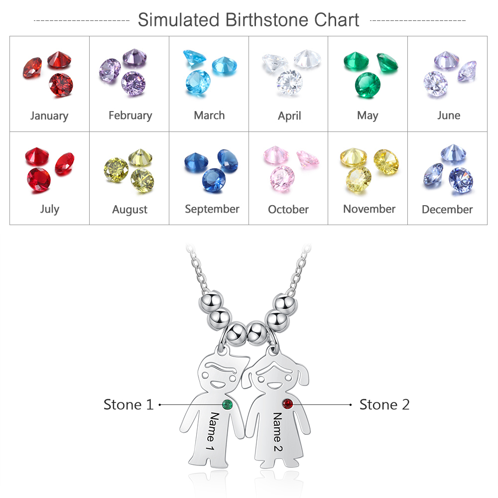 Personalised Kids Charm Necklace With 2 Birthstones Engraved Names Gift For Mother-Jessemade AU