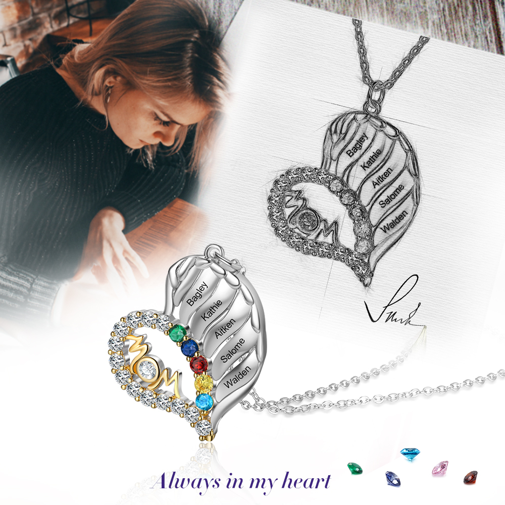 Personalised Heart Necklace With 5 Birthstones Engraved Names Gift For Mother-Jessemade AU