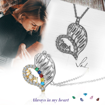 Personalised Heart Necklace With 5 Birthstones Engraved Names Gift For Mother-Jessemade AU