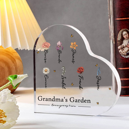 Personalised Text Acrylic Heart Keepsake Custom 1–10 Names & Birth Flowers Ornament Gift for Mother/Grandma - Love Grows Here-Jessemade AU