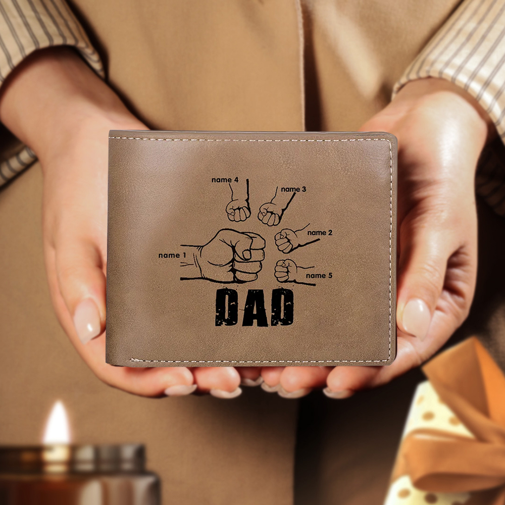 Personalised Leather Mens Wallet Engraved 5 Names Fist Bump Folding Wallet Father's Day Gifts-Jessemade AU
