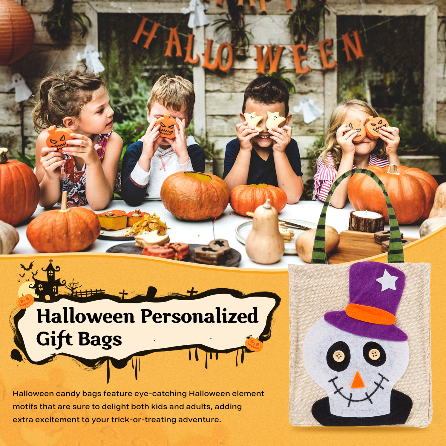 Personalised Halloween Tote Bags Custom 1 Name Halloween Trick or Treat Candy Bags-Jessemade AU