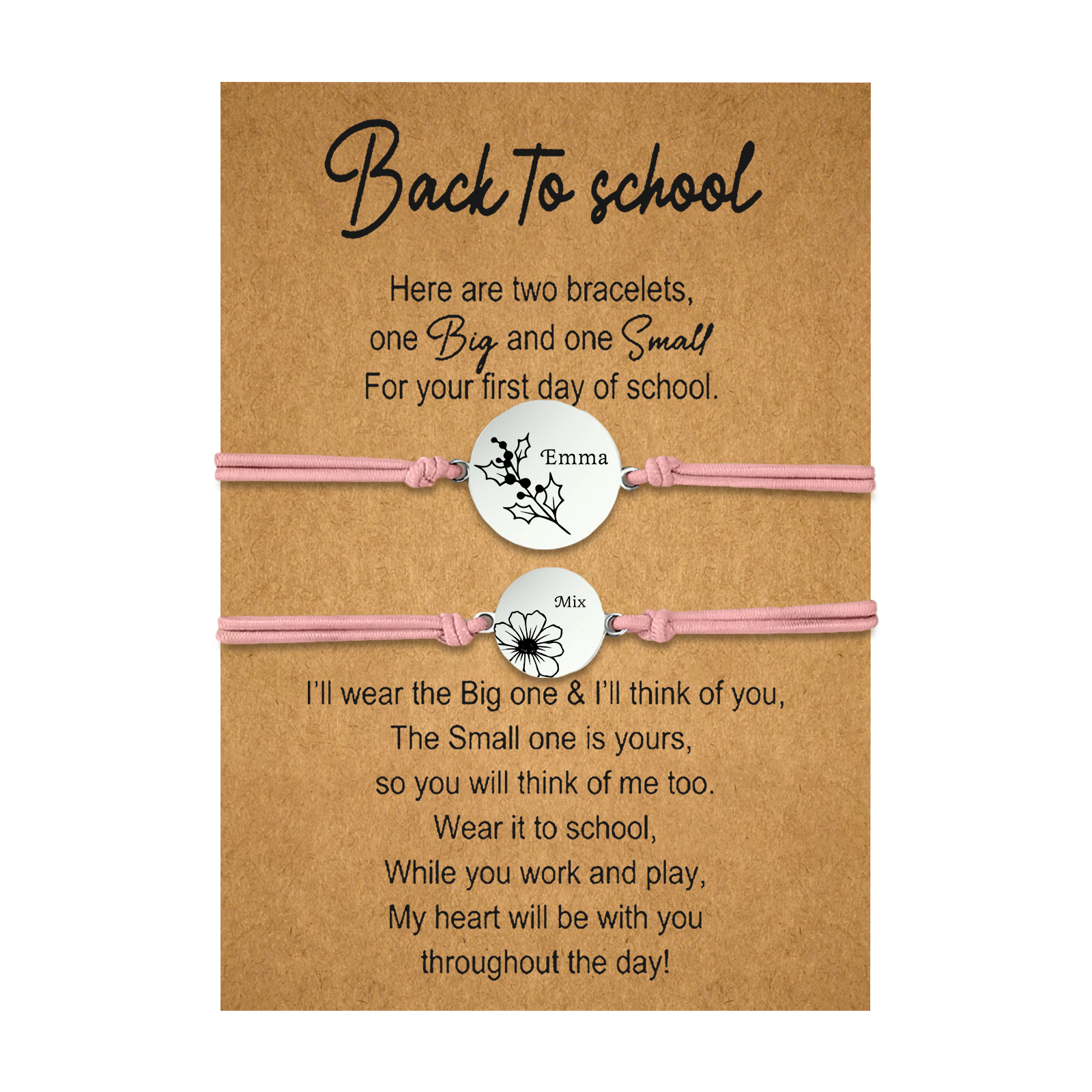 2 Pcs Bracelet Set Personalised Names & Birth Flowers Adjustable Bracelets with Message Card Back to School Gifts for Daughters-Jessemade AU