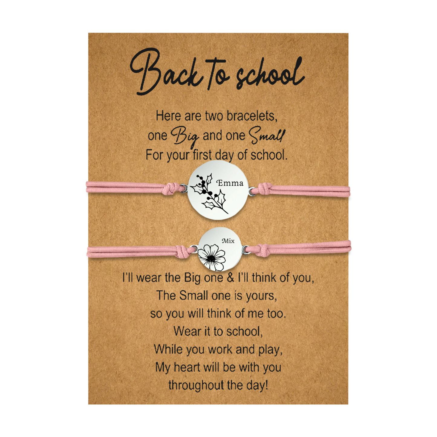 2 Pcs Bracelet Set Personalised Names & Birth Flowers Adjustable Bracelets with Message Card Back to School Gifts for Daughters-Jessemade AU