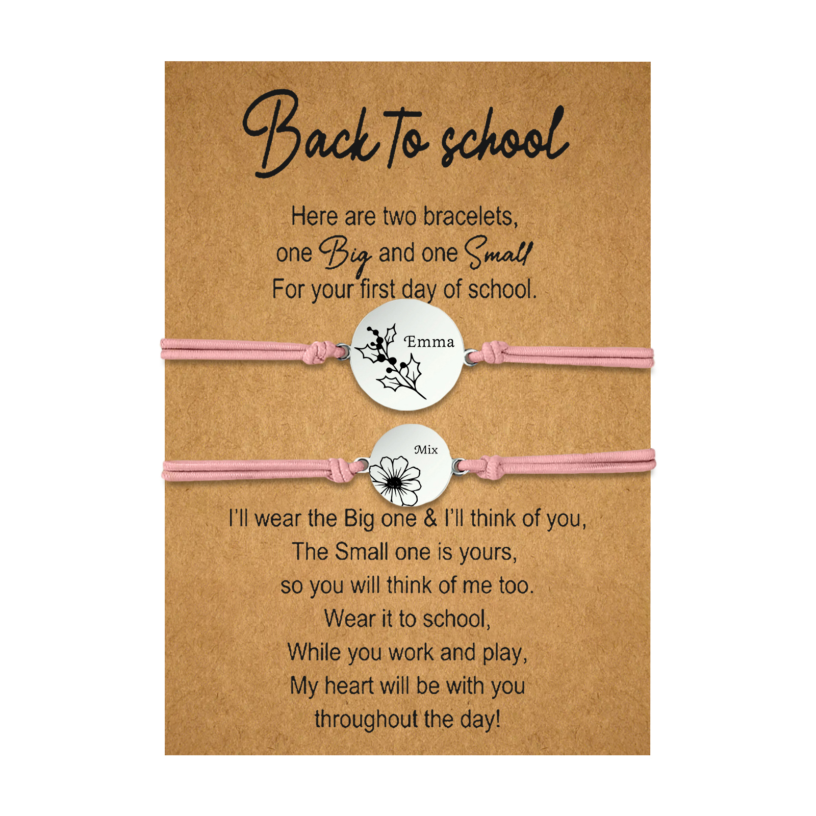 2 Pcs Bracelet Set Personalised Names & Birth Flowers Adjustable Bracelets with Message Card Back to School Gifts for Daughters-Jessemade AU