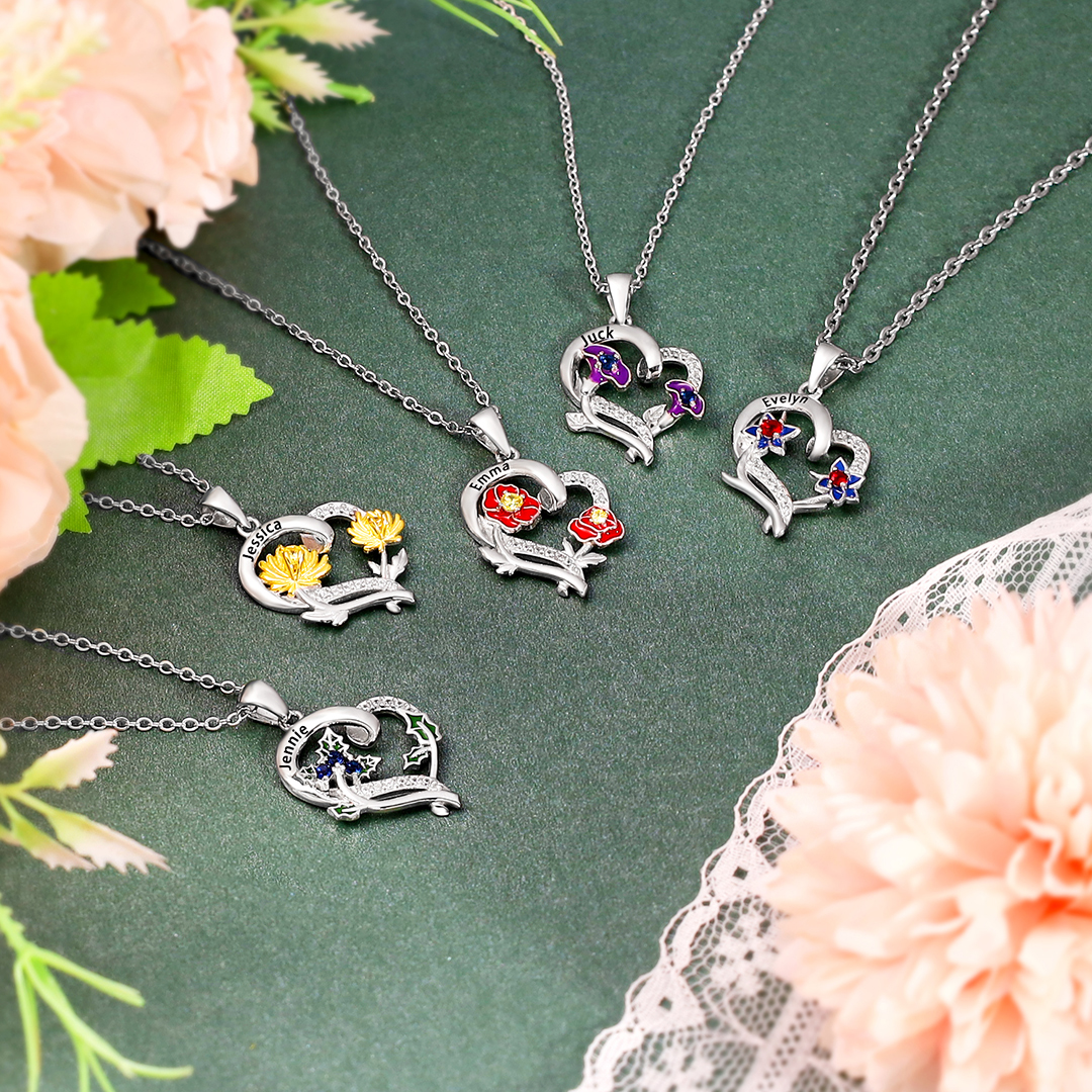Personalised February Birthflower Necklace With Birthstones Custom 1 Name Necklace For Her-Jessemade AU