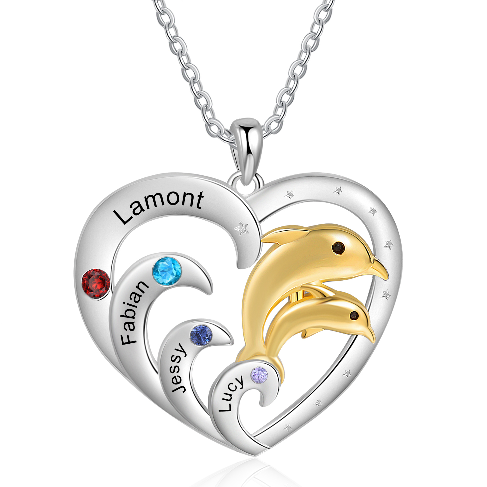 Personalised Heart Dolphin Pendant Necklace Custom 4 Birthstones Engraved 4 Names Necklace Gift for Her-Jessemade AU
