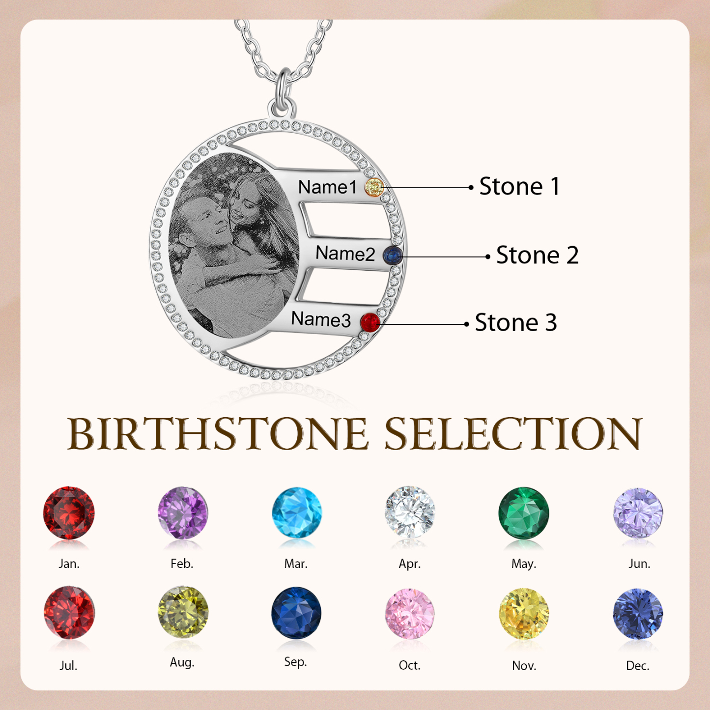 Personalised Photo Necklace Custom 3 Names Birthstone Necklace for Women-Jessemade AU