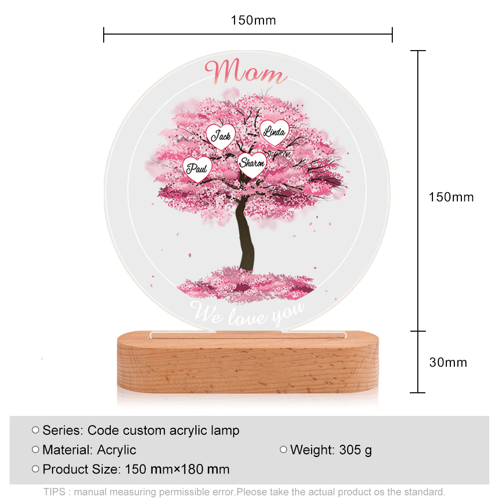 4 Names - Personalised Acrylic Night Light Custom 2 Texts Pink Family Tree LED Lamp Gifts for Mother/Grandma-Jessemade AU