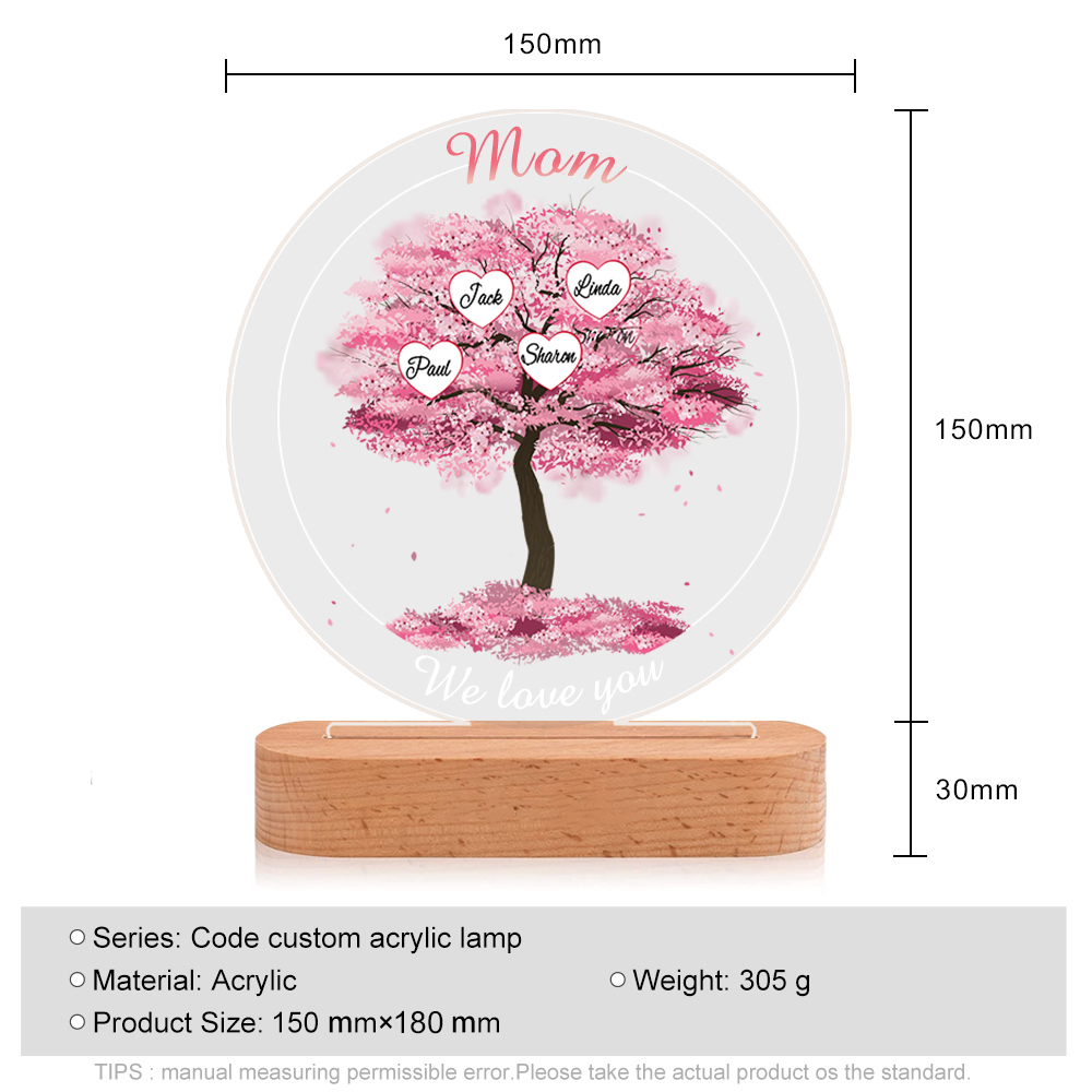 4 Names - Personalised Acrylic Night Light Custom 2 Texts Pink Family Tree LED Lamp Gifts for Mother/Grandma-Jessemade AU