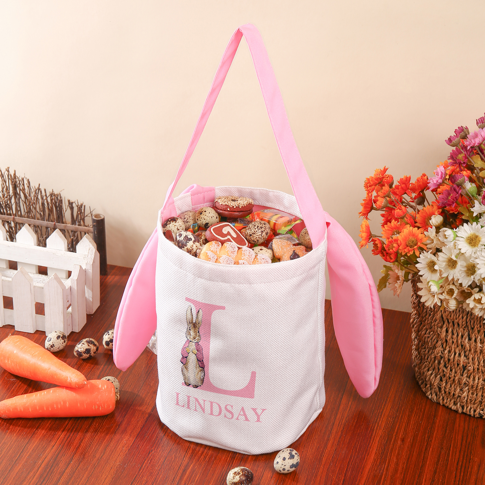 Easter Bunny Tote Bag Personalised Name & Letter Bucket Bag Bunny Basket Gifts For Kids-Jessemade AU