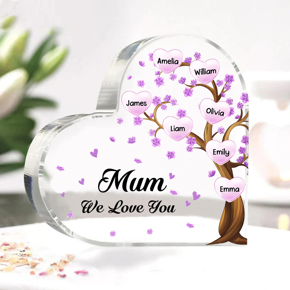7 Names - Personalised Acrylic Heart Keepsake Custom Text Purple Flowers Tree Ornaments Gifts for Grandma/Mother-Jessemade AU