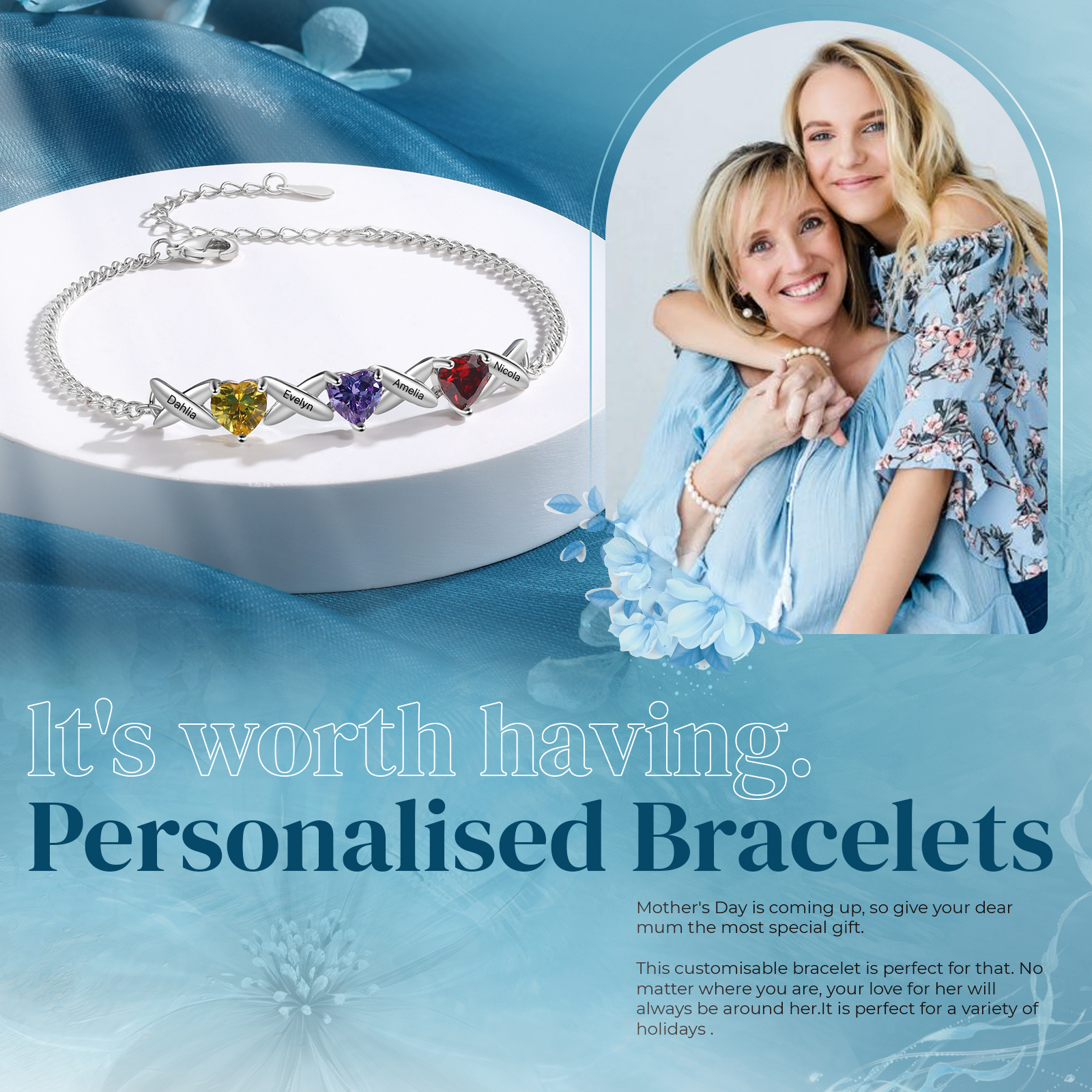 Custom 3 Birthstones Bracelet Engraved 4 Names Bracelet Personalised Birthday Gift for Her-Jessemade AU