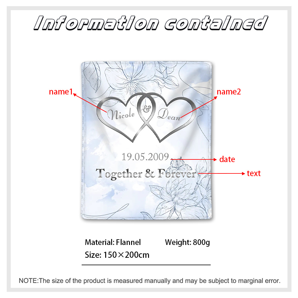 Blue Personalised Couple Blanket Custom 2 Names & Date & Text Blanket Love Valentine's Day Gifts for Him/Her-Jessemade AU
