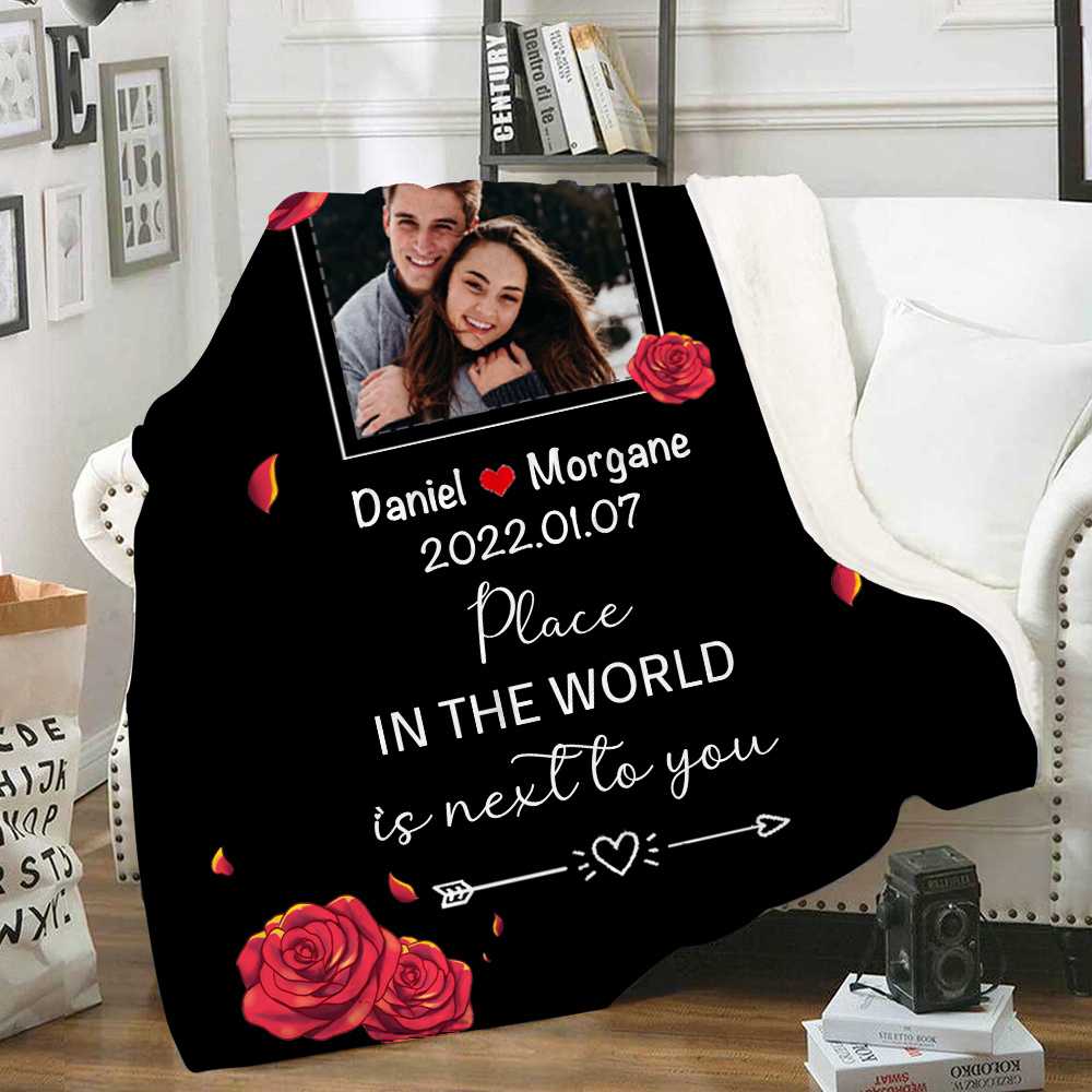 Couple Rose Blanket Customised 2 Names & Date & Photo Blanket Valentine's Day Gifts - My Favourite Place in The World is Next to You-Jessemade AU
