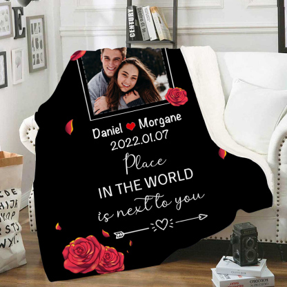 Couple Rose Blanket Customised 2 Names & Date & Photo Blanket Valentine's Day Gifts - My Favourite Place in The World is Next to You-Jessemade AU