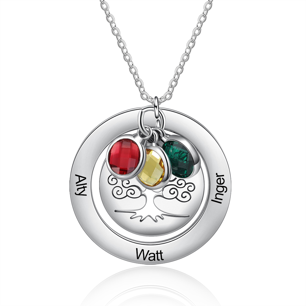 Personalised Family Tree Necklace with 3 Birthstones Engraved Names Gift For Women-Jessemade AU