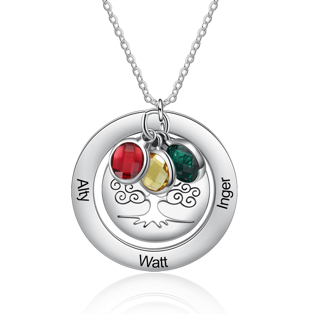 Personalised Family Tree Necklace with 3 Birthstones Engraved Names Gift For Women-Jessemade AU