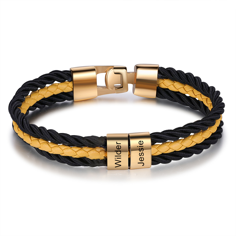 Mens Leather Bracelet Braided Layered Leather with 2 Beads Silver and Gold-Jessemade AU
