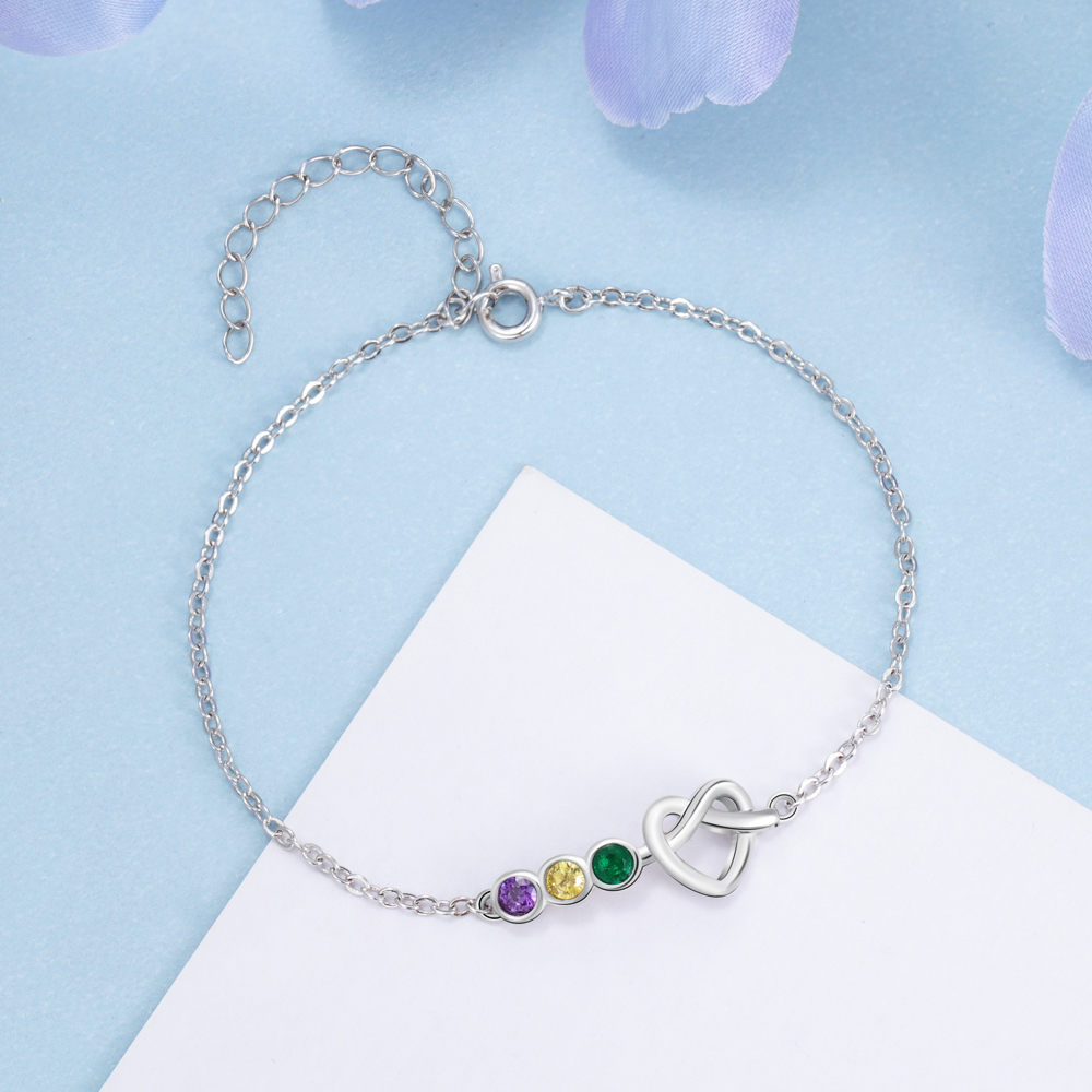 Personalised Heart Bracelet With 3 Birthstones Bracelet Gift For Women-Jessemade AU
