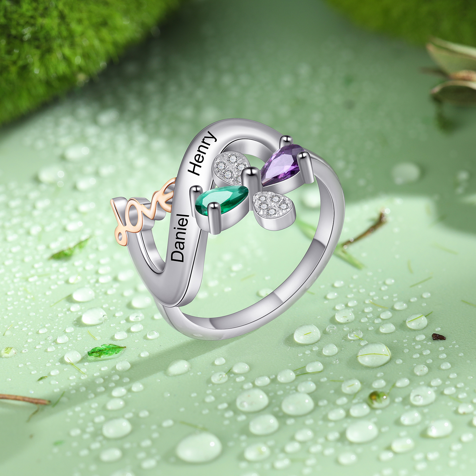 Personalised Butterfly Ring Custom 2 Birthstones Love Ring Gifts For Her-Jessemade AU