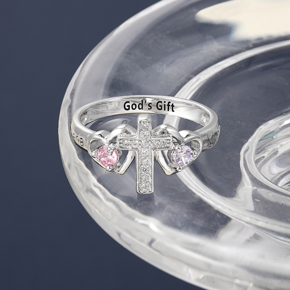 S925 Silver Ring Personalised 2 Birthstones Cross Ring With Names Gifts For Her-Jessemade AU