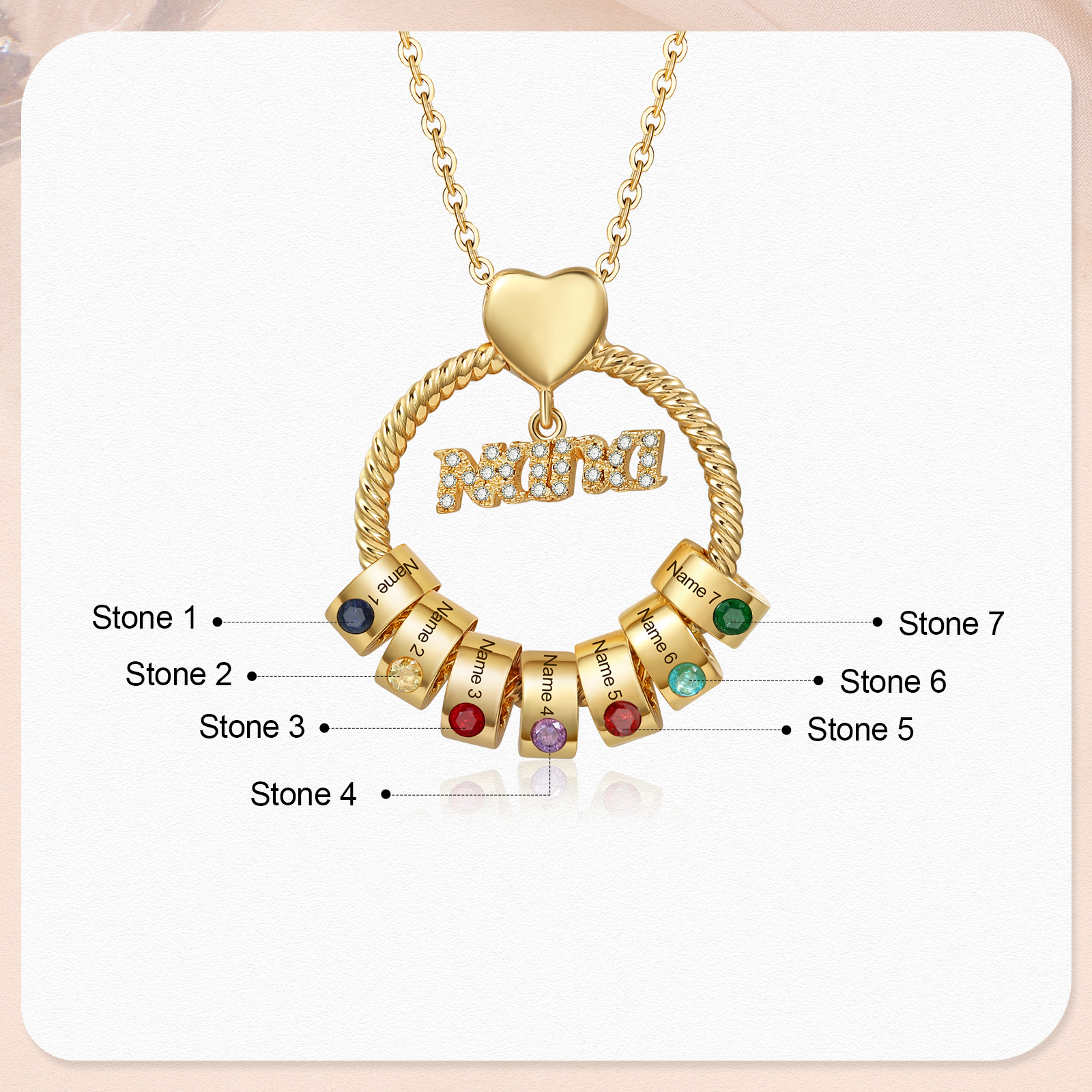 7 Names - Personalised Nana Necklace Custom Names & Birthstones Circle Pendant Necklace Gift for Grandma Nana-Jessemade AU