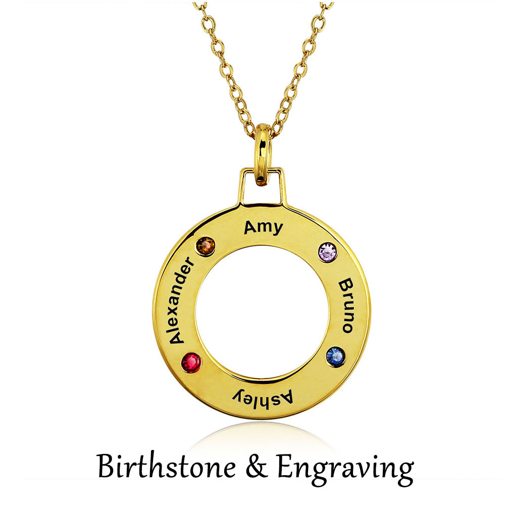 Personalised Circle Necklace With 3 Birthstones Engraved Names Gift For Her-Jessemade AU