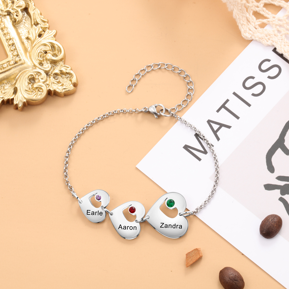 3 Names - Personalised Heart Bracelet Custom Names & Birthstones Family Bracelet Gifts for Her-Jessemade AU