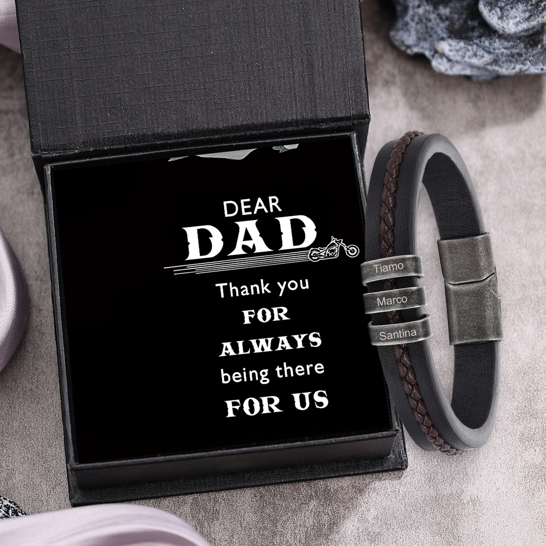 3 Names - Personalised Men's Leather Bracelet Custom Text Beaded Bracelets Vintage Gift for Him