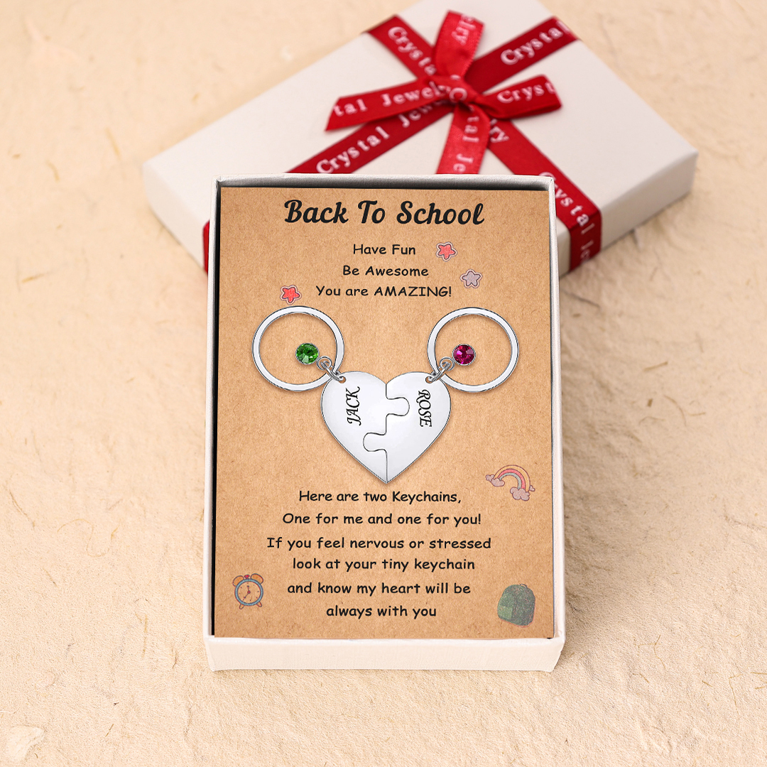 Personalised 2 Names Heart Puzzle Keychain with Birthstone Back to School Gifts for Kids-Jessemade AU