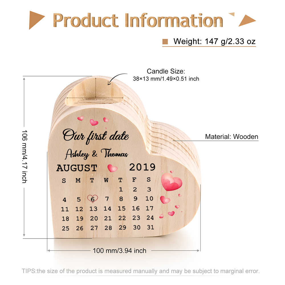 Wooden Couple Candle Holder Custom 2 Names & Date & Text Candlesticks Calendar Valentine's Day Gifts for Wife/Girlfriend-Jessemade AU