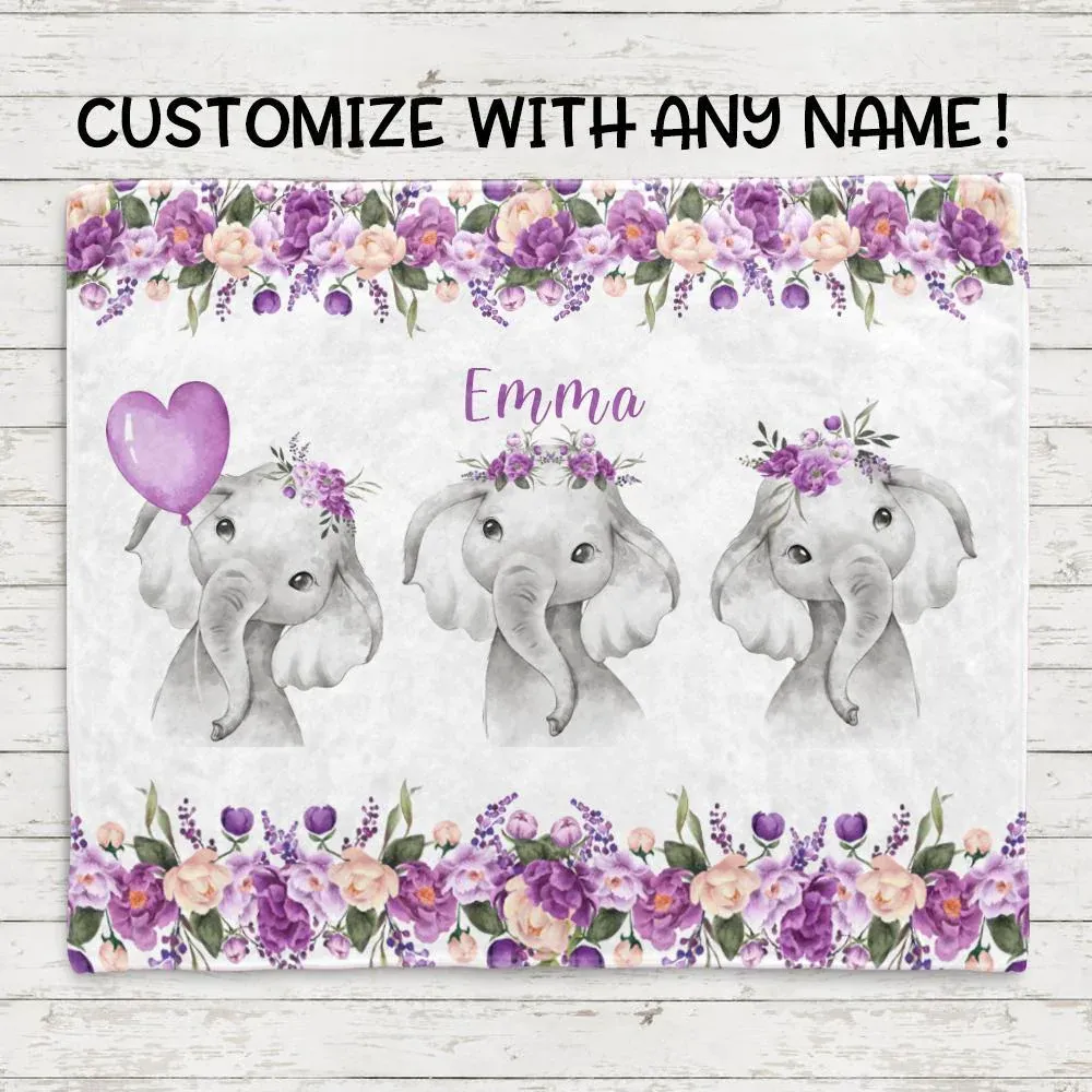 Personalised Floral Elephant Blanket Custom Name Gifts For Baby Girl-Jessemade AU