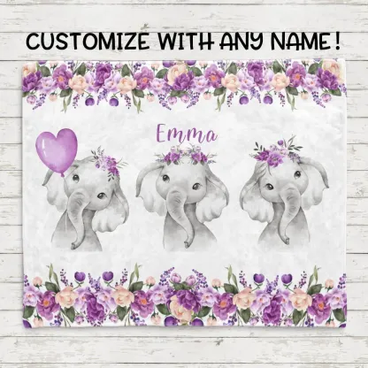 Personalised Floral Elephant Blanket Custom Name Gifts For Baby Girl-Jessemade AU