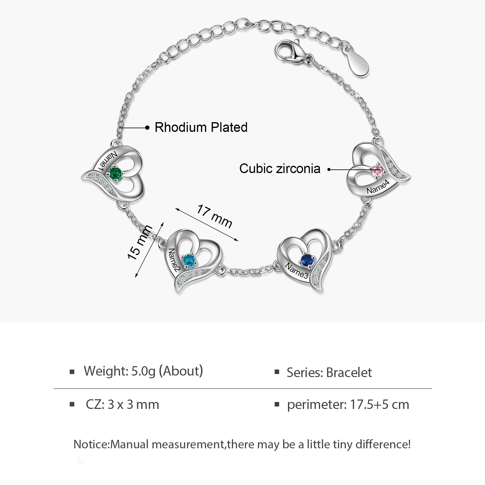Personalised Heart Bracelet With 4 Birthstones Engraved Names Necklace For Her-Jessemade AU