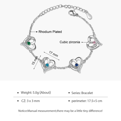 Personalised Heart Bracelet With 4 Birthstones Engraved Names Necklace For Her-Jessemade AU
