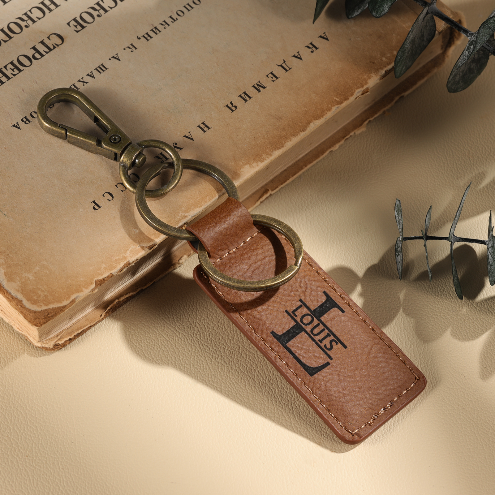 Personalised Men's Leather Keychain Custom Name & Letter Keychain Brown Valentine's Gift for Him