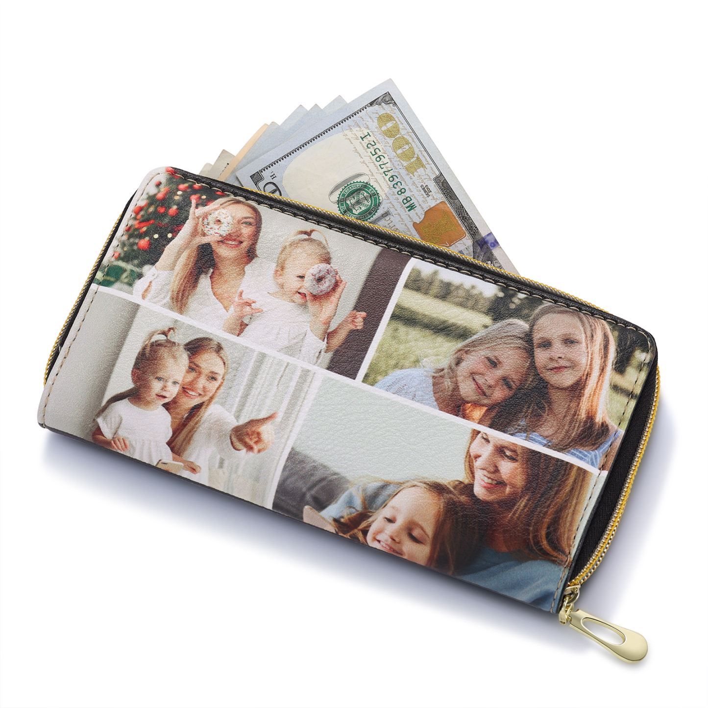 Long Purse Personalised Flower Leather Wallet Engraved 4 Photos Zip Wallet Gifts for Her-Jessemade AU