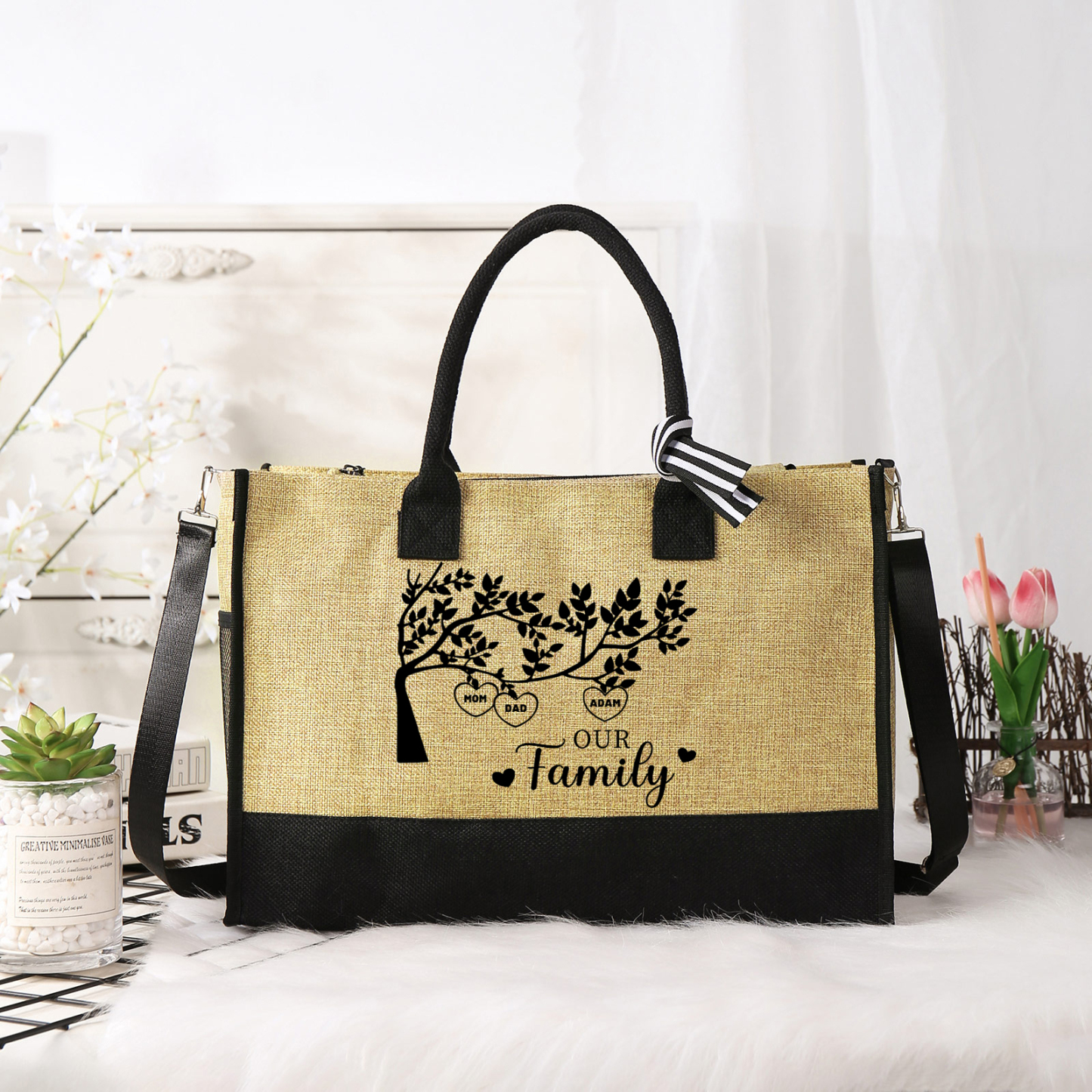 Personalised Family Tree Tote Bag Set Custom 3 Names & 1 Text Handbag Large Capacity Shoulder Bag Shopping Bag Zipper Bag Gift for Mother/Grandma-Jessemade AU