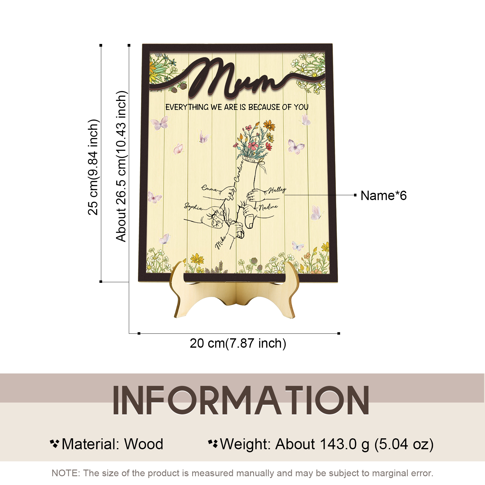 Personalised 6 Names Wooden Plaque Holding Mum's Hand Desktop Decoration With Stand - EVERYTHING WE ARE IS BECAUSE OF YOU-Jessemade AU