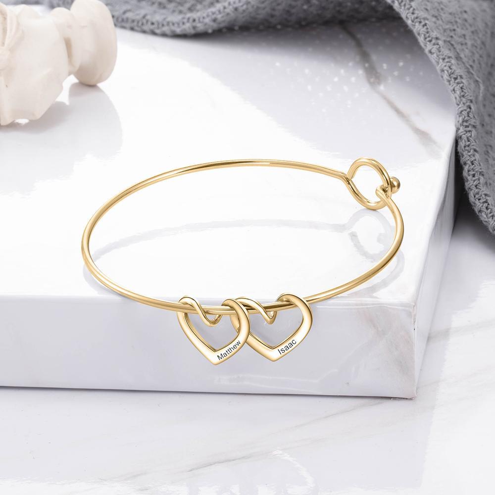 Personalised Love Bracelet with 2 Heart Charms Engraved Name Bangle Bracelet-Jessemade AU
