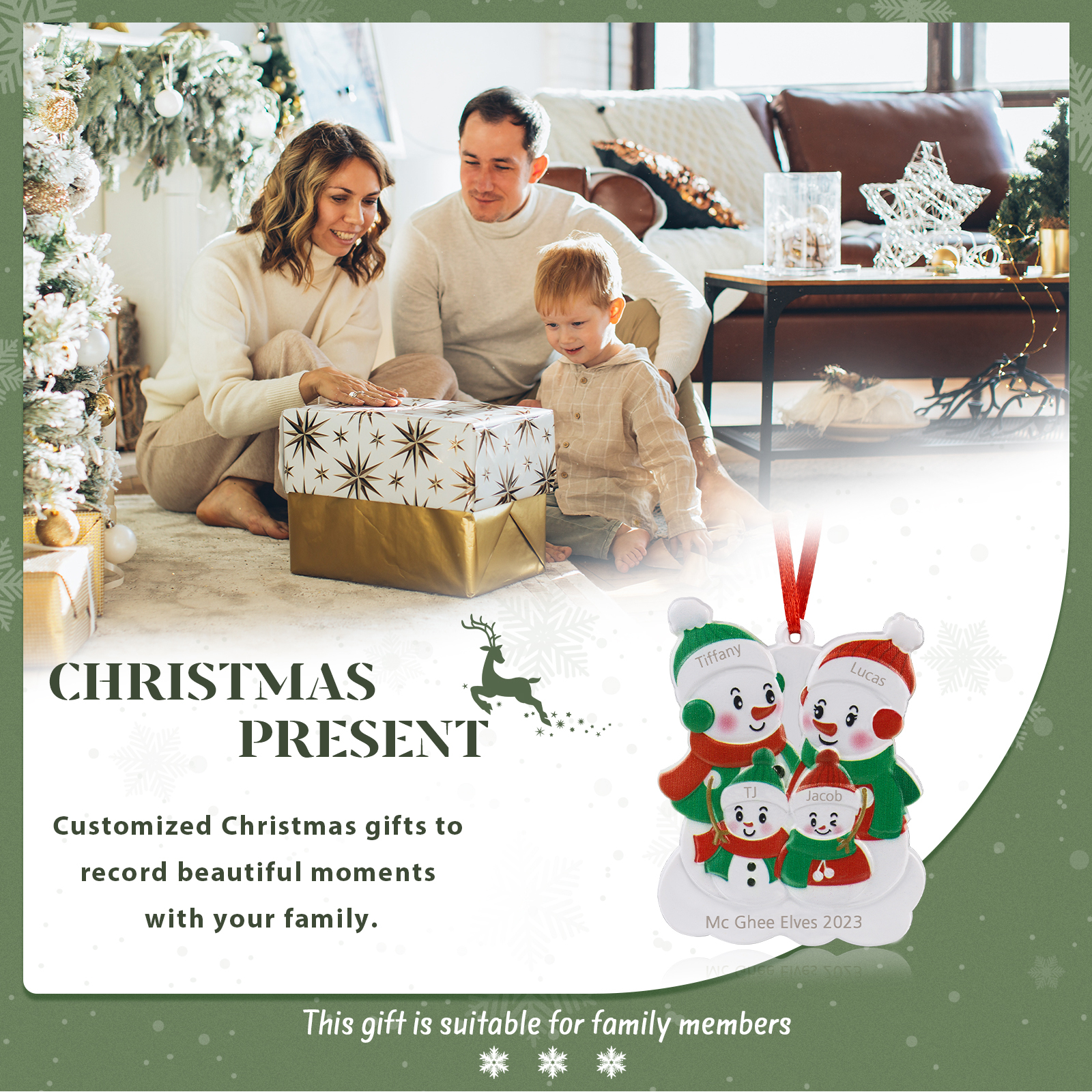 Personalised 4 Names & Text Snowman Christmas Ornament Resin Christmas Tree Pendant for Family-Jessemade AU