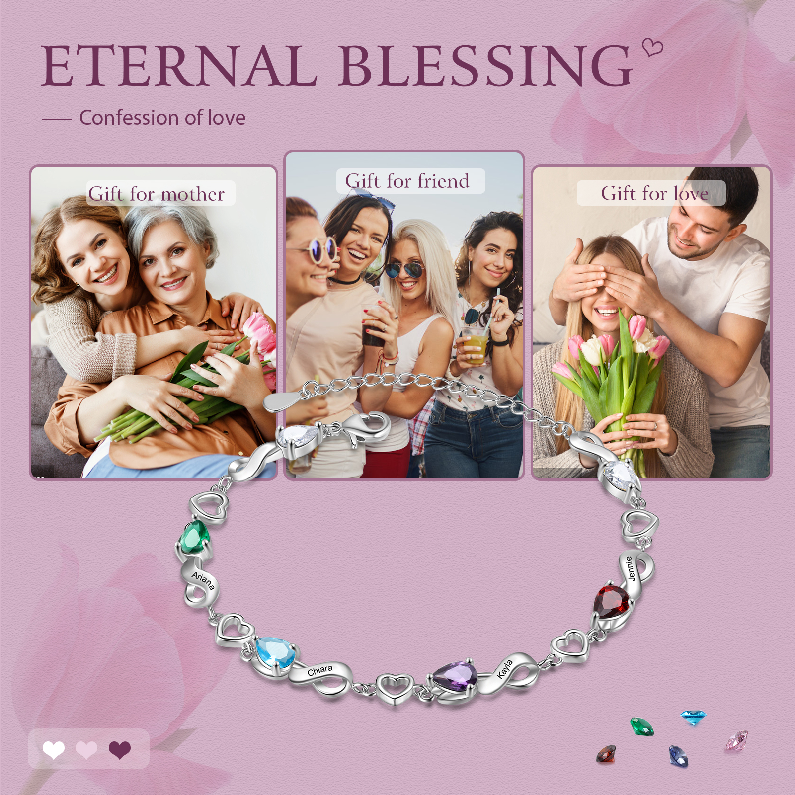 Personalised 4 Birthstones Heart Bracelet Engraved Names Bracelet Gifts For Women-Jessemade AU