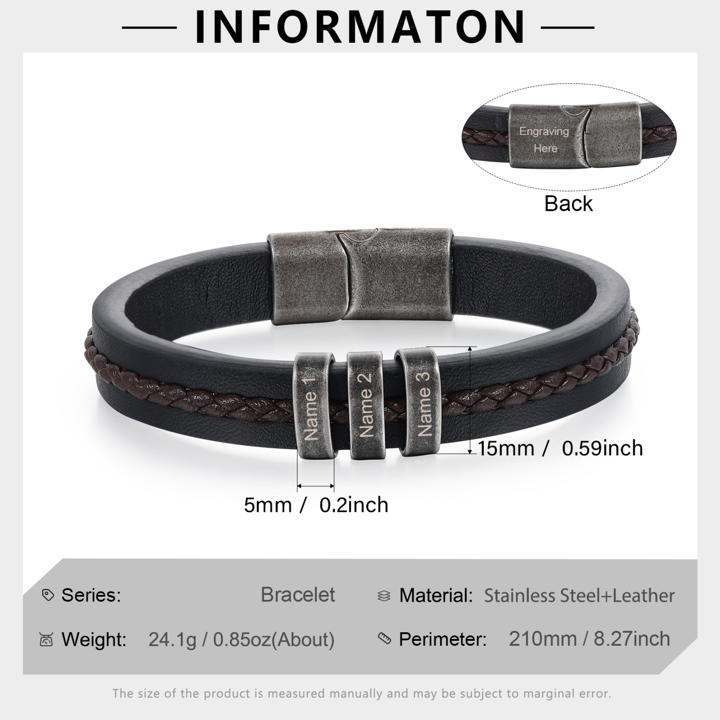 3 Names - Personalised Men's Leather Bracelet Custom Text Beaded Bracelets Vintage Gift for Him