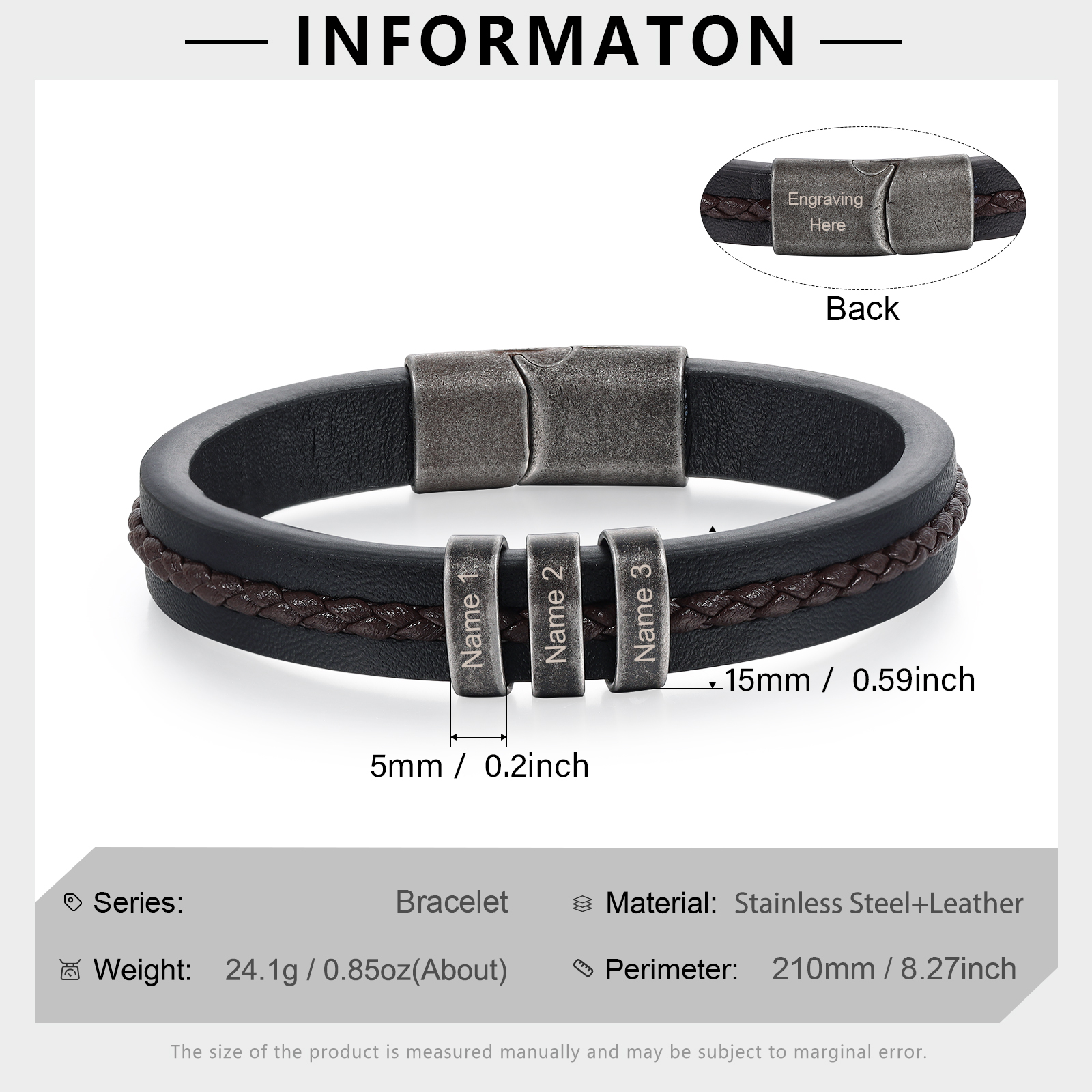 3 Names - Personalised Men's Leather Bracelet Custom Text Beaded Bracelets Vintage Gift for Him