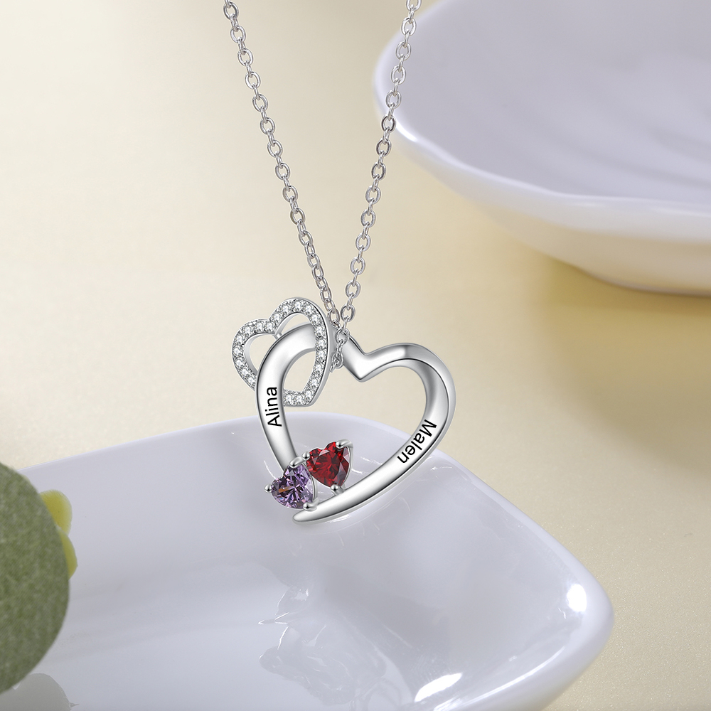 Personalised Heart Necklace With 2 Birthstones Engraved Names Gift For Women-Jessemade AU
