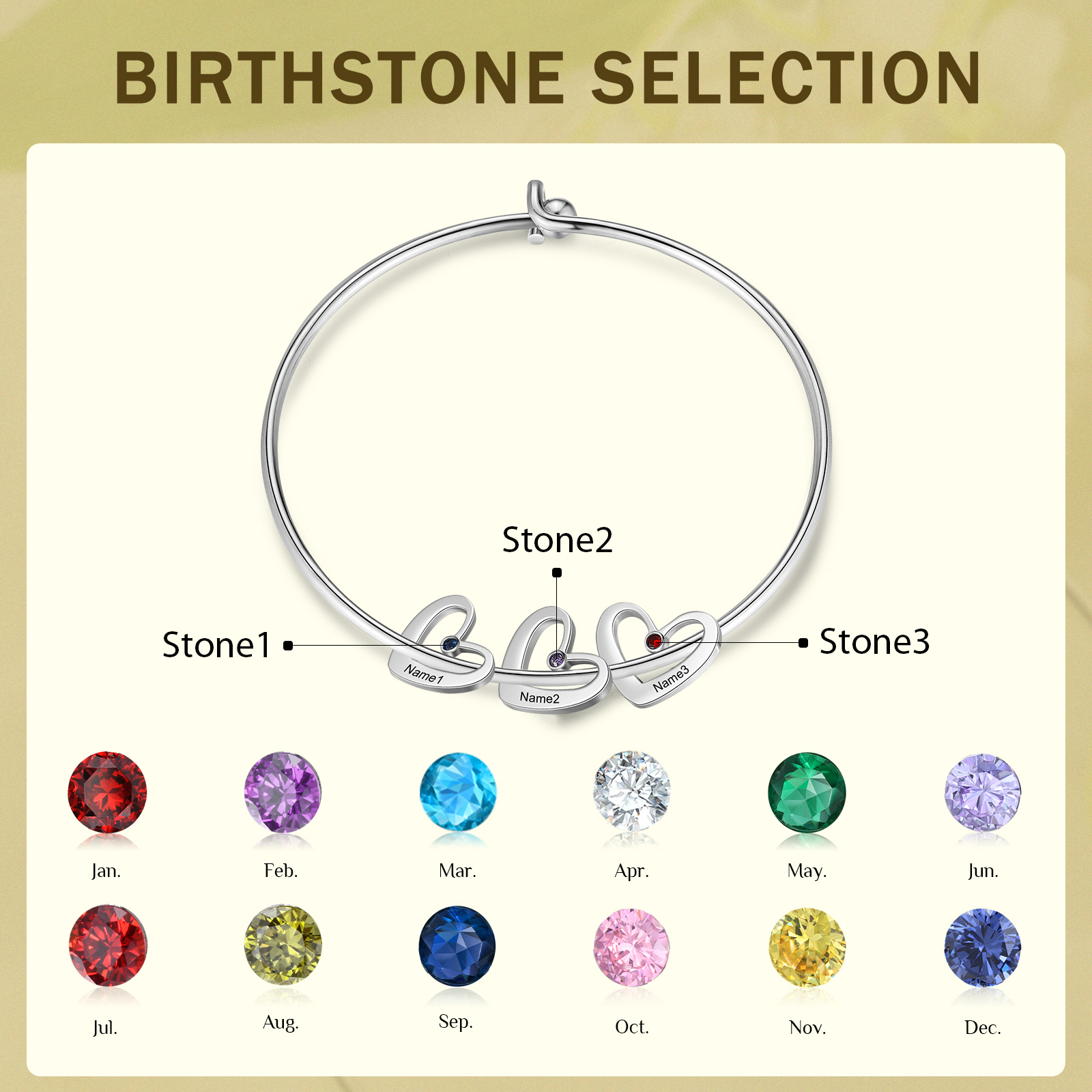 Personalised Heart Bangle With 3 Names and Birthstones Bangle Bracelet Mother's Day Gifts For women-Jessemade AU
